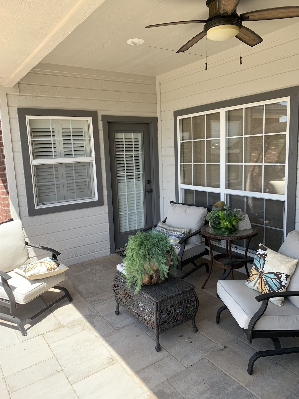 Exterior painting: elegant gray and white porch, Lampasas TX
